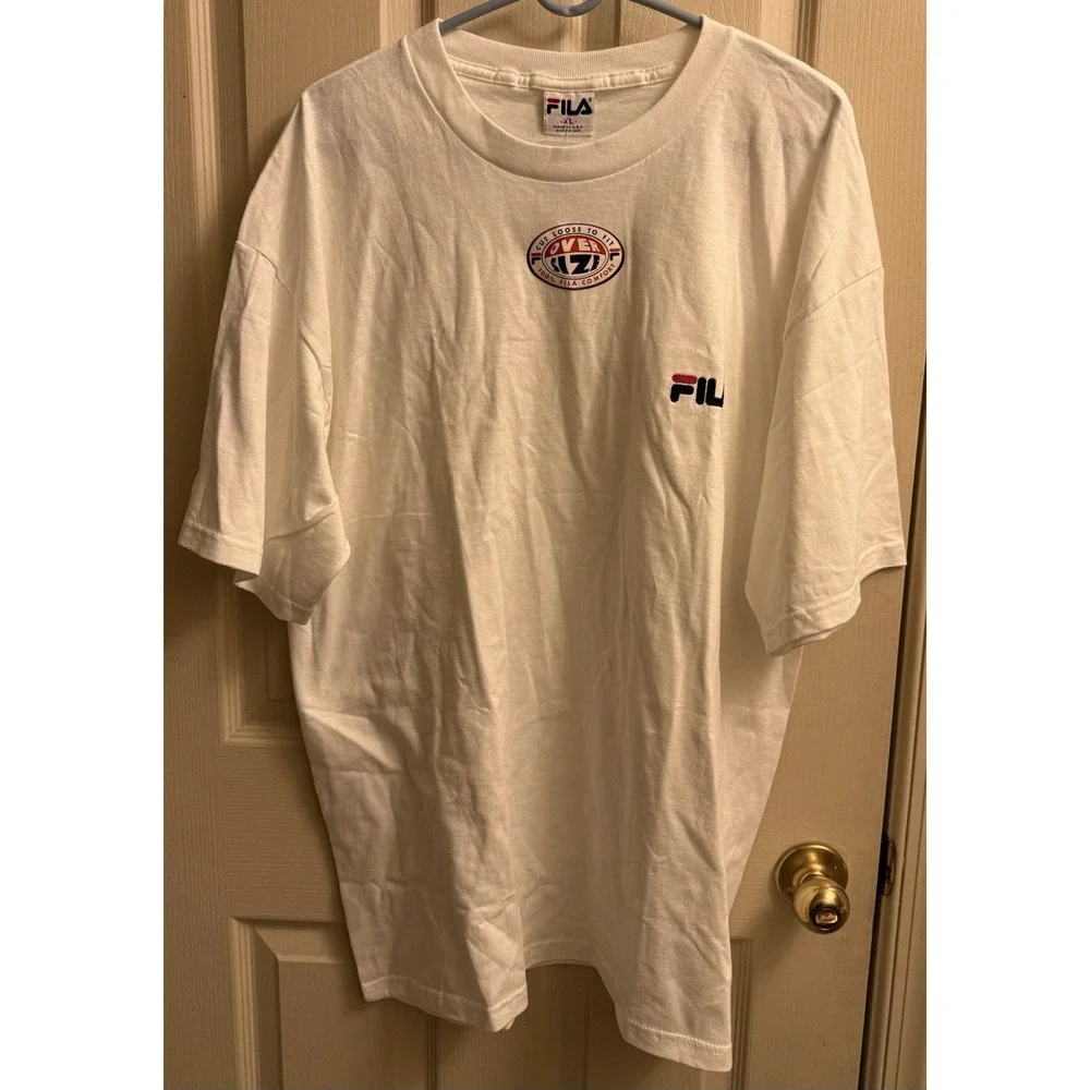Vintage FILA Spell Out Embroidered Classic Graphic Tshirt Size XL White NWT - Picture 1 of 7